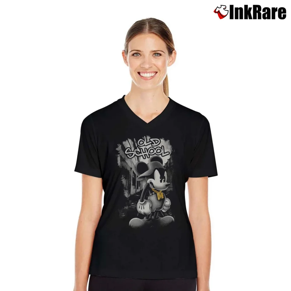 Women’s Mickey Mouse Old School Design Cartoon V-Neck Tee in black | Chic Neckline, Soft Texture
