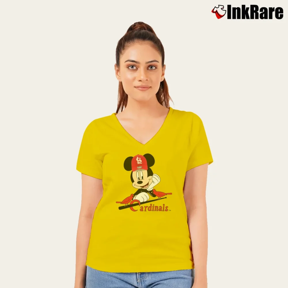 Women’s Mickey Mouse St Louis Cardinals Headshot V-Neck Tee in yellow | Chic Neckline, Soft Texture