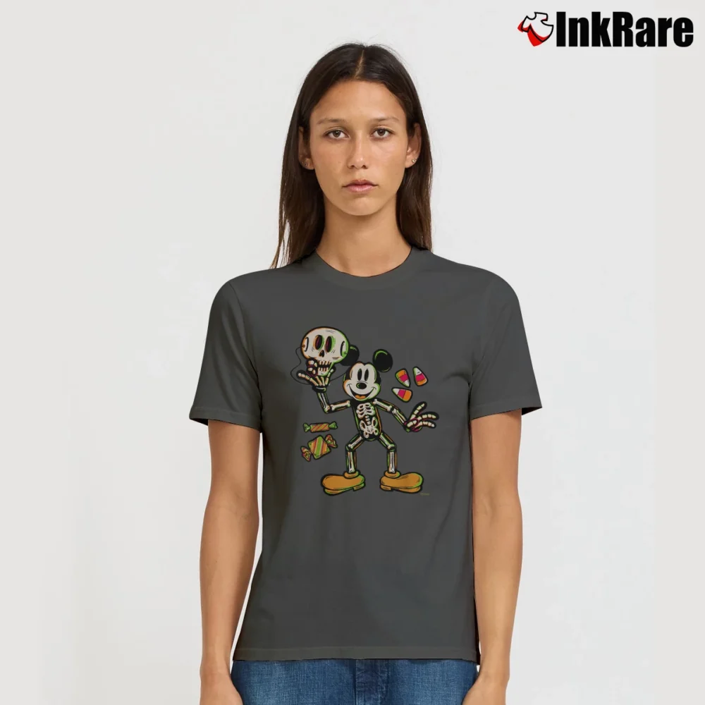 Women’s Mickey Mouse Trick Or Treat Skeleton Costume Halloween T-Shirt in charcoal | Soft, Flattering Fit
