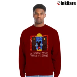 Men’s Mickey Mouse Twilight Zone Tower Of Terror Crewneck Sweatshirt in maroon | Cozy Fabric, Clean Style