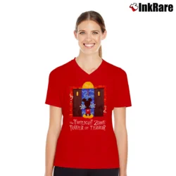Women’s Mickey Mouse Twilight Zone Tower Of Terror V-Neck Tee in red | Chic Neckline, Soft Texture