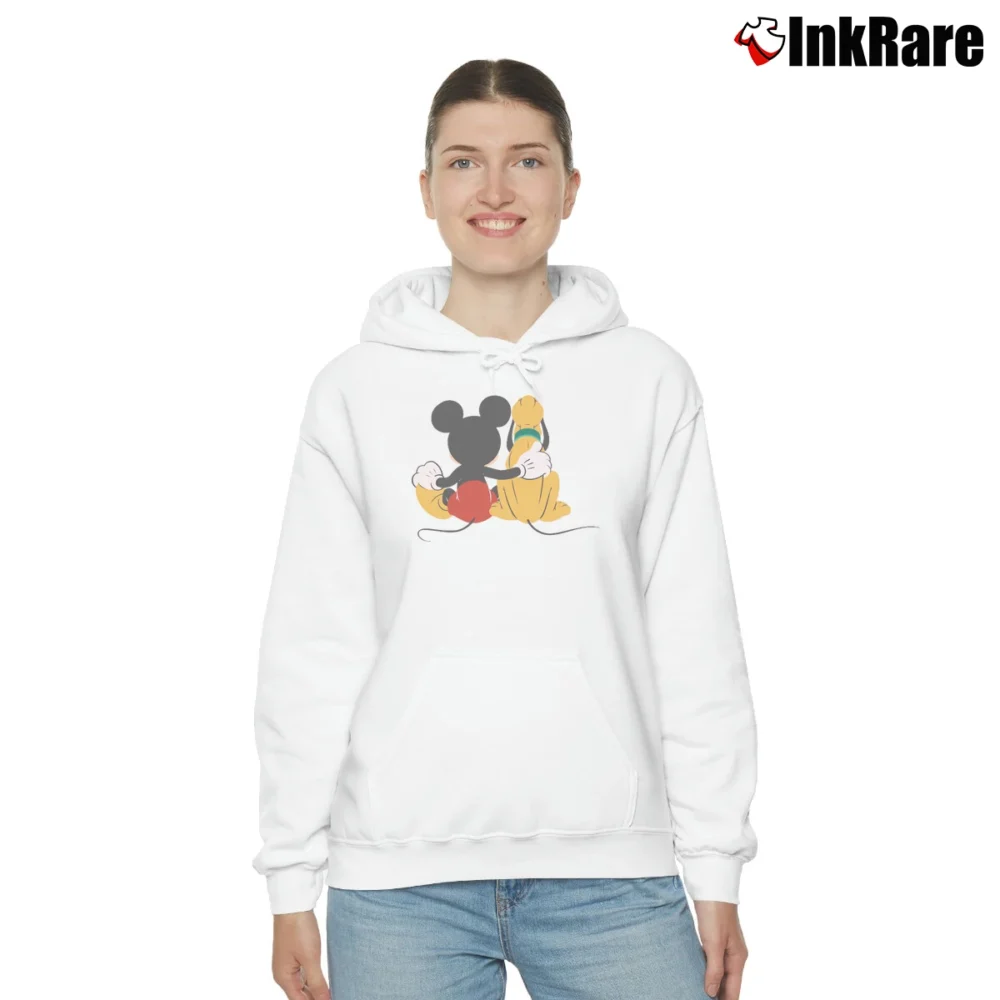 Women’s Mickey Pluto Back Disneyland Funny Graphic Cozy Hoodie in white | Warm, Structured, Stylish
