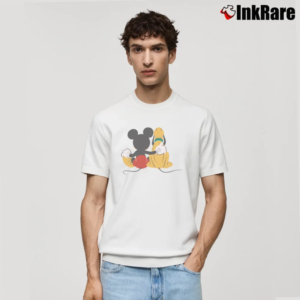 Men’s Mickey Pluto Back Disneyland Funny Graphic Classic T-Shirt in white | Soft, Breathable Everyday Wear