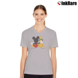 Women’s Mickey Pluto Back Disneyland Funny Graphic V-Neck Tee in sport grey | Chic Neckline, Soft Texture