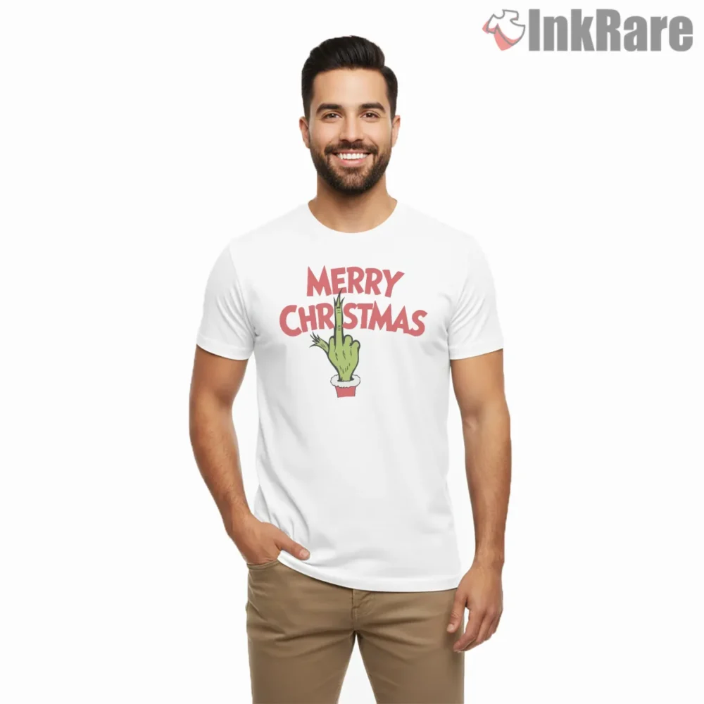 Middle Finger Merry Christmas Grinch Hand Shirt on white short sleeve shirt for men graphic tee