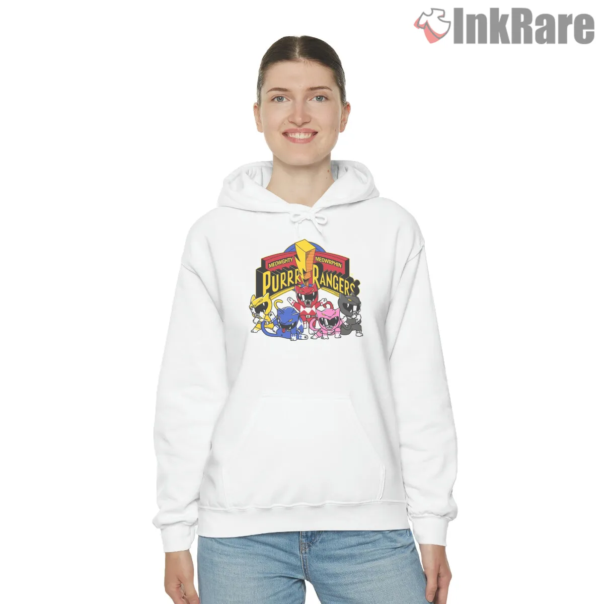 Mighty Morphin Cat Rangers Cartoon Parody Shirt on white hoodie for women graphic tee