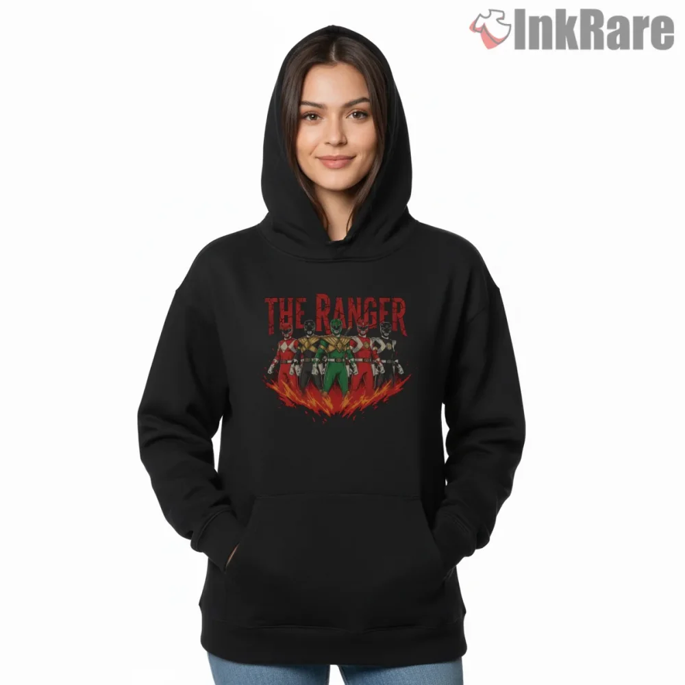 Mighty Morphin Ranger Team Fire Battle Shirt on black hoodie for women graphic tee