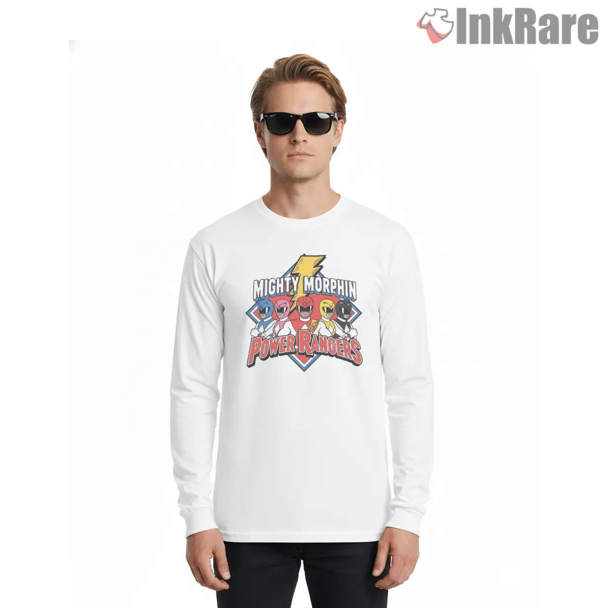 Mighty Morphin Rangers Cartoon Action Logo Long Sleeve White Mighty Morphin Rangers Cartoon Action Logo Shirt on white long sleeve shirt for men graphic tee