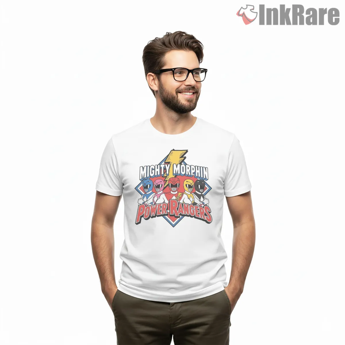 Mighty Morphin Rangers Cartoon Action Logo Shirt on white short sleeve shirt for men graphic tee