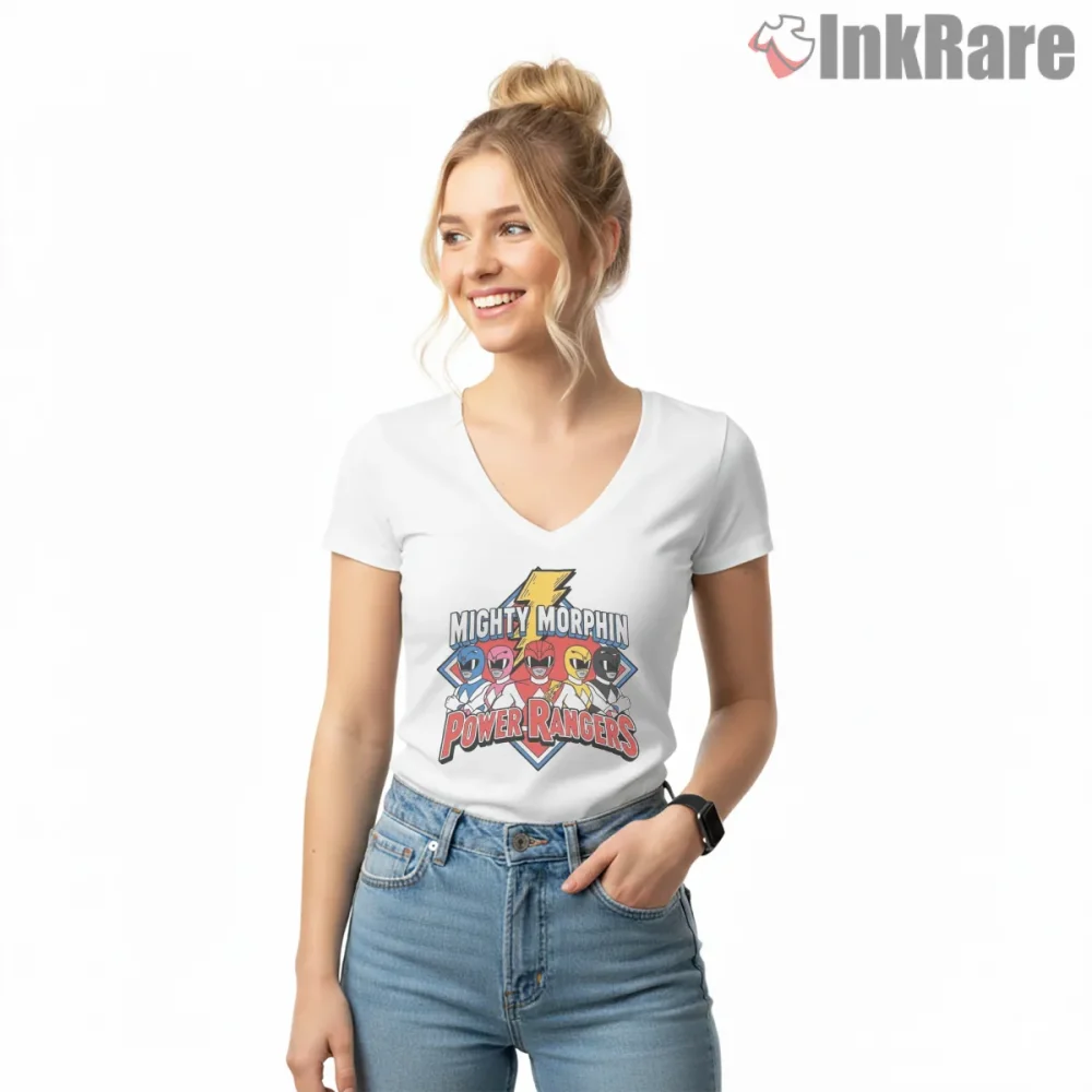 Mighty Morphin Rangers Cartoon Action Logo Shirt on white v-neck shirt for women graphic tee