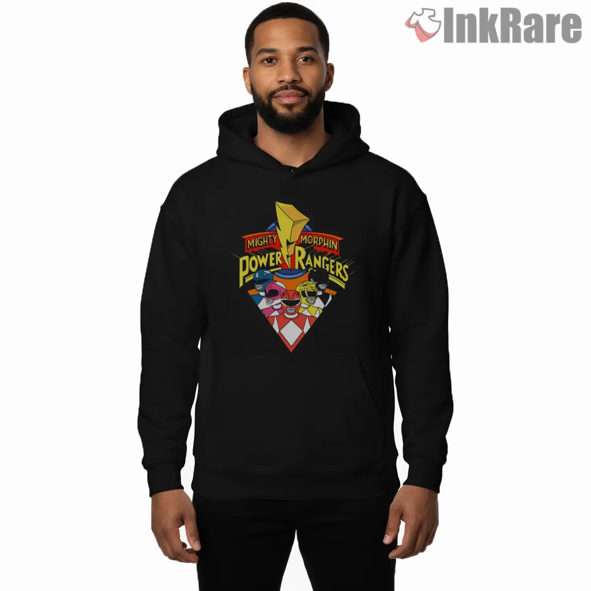 Mighty Morphin Rangers Classic Diamond Emblem Shirt on black hoodie for men graphic tee