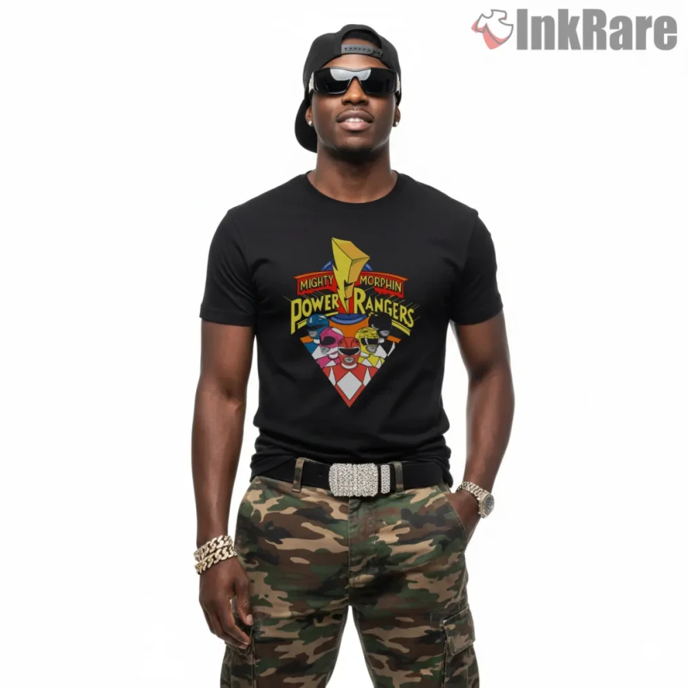 Mighty Morphin Rangers Classic Diamond Emblem Shirt on black short sleeve shirt for men graphic tee