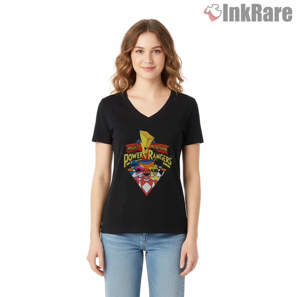 Mighty Morphin Rangers Classic Diamond Emblem V Neck Black Mighty Morphin Rangers Classic Diamond Emblem Shirt on black v-neck shirt for women graphic tee