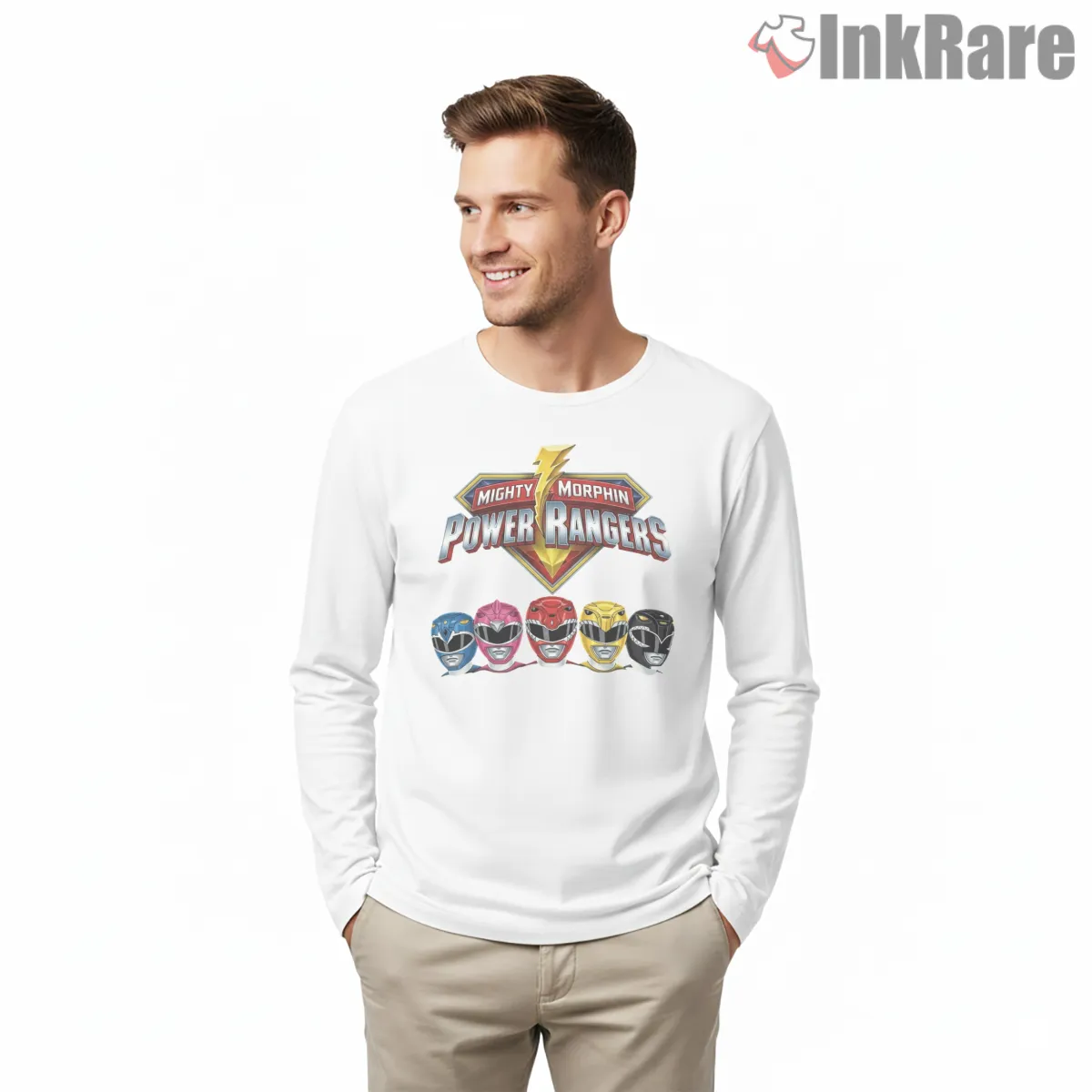 Mighty Morphin Rangers Classic Helmet Lineup Long Sleeve White Mighty Morphin Rangers Classic Helmet Lineup Shirt on white long sleeve shirt for men graphic tee