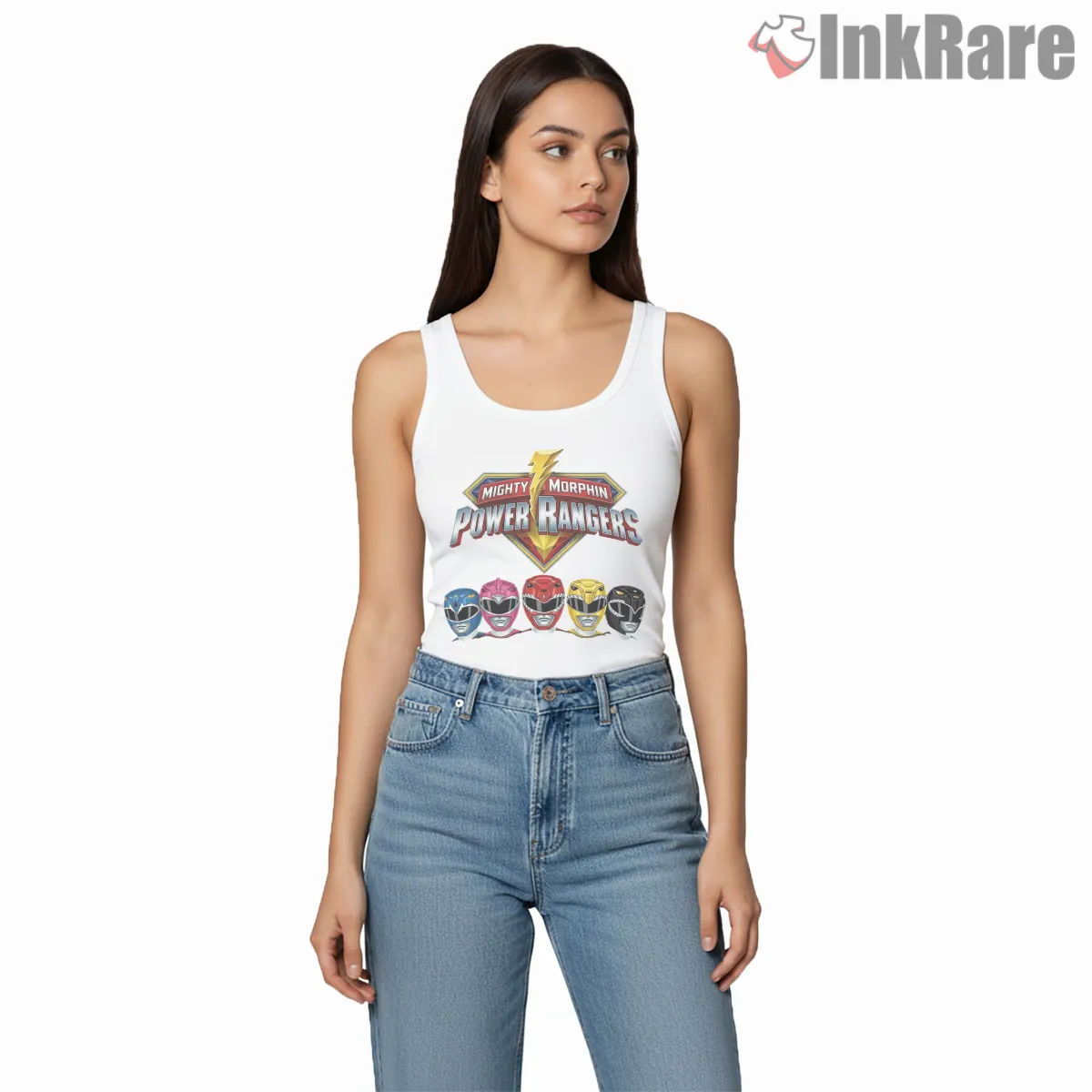 Mighty Morphin Rangers Classic Helmet Lineup Tank Top White Mighty Morphin Rangers Classic Helmet Lineup Shirt on white tank top for women graphic tee