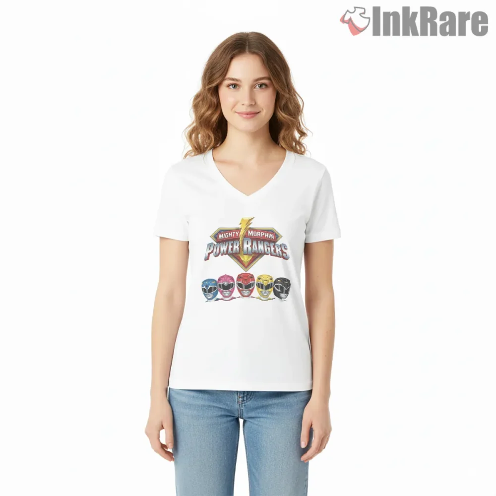 Mighty Morphin Rangers Classic Helmet Lineup Shirt on white v-neck shirt for women graphic tee