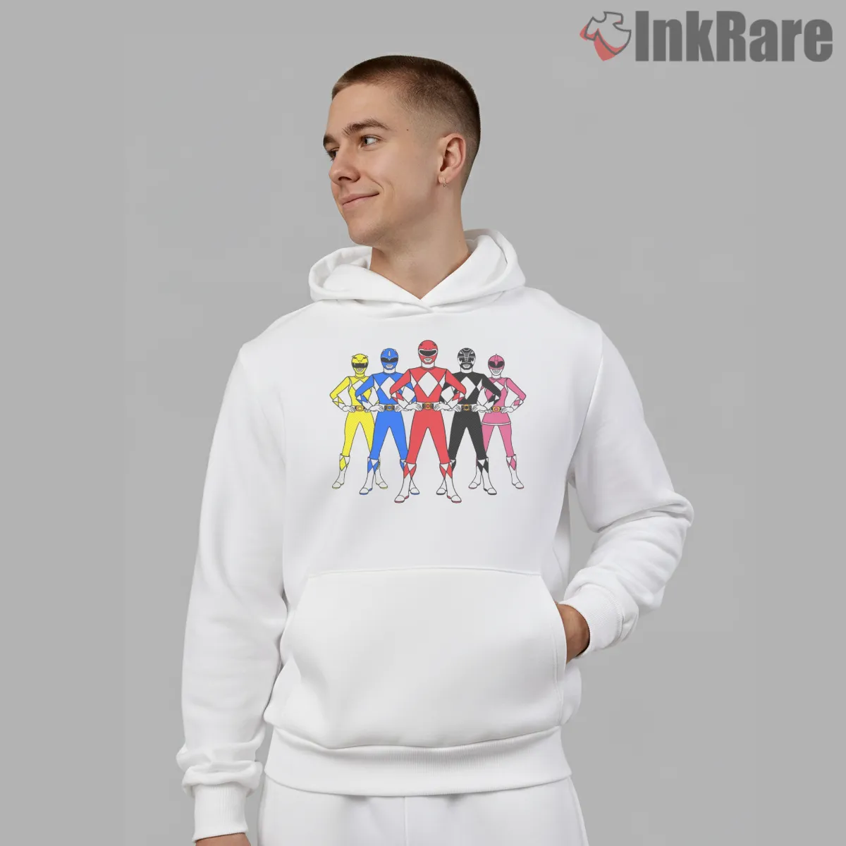 Mighty Morphin Rangers Classic Team Lineup Shirt on white hoodie for men graphic tee