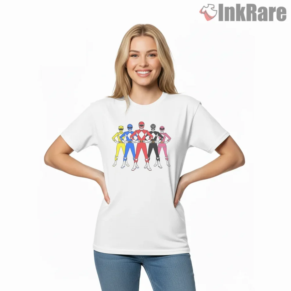 Mighty Morphin Rangers Classic Team Lineup Shirt on white short sleeve shirt for women graphic tee