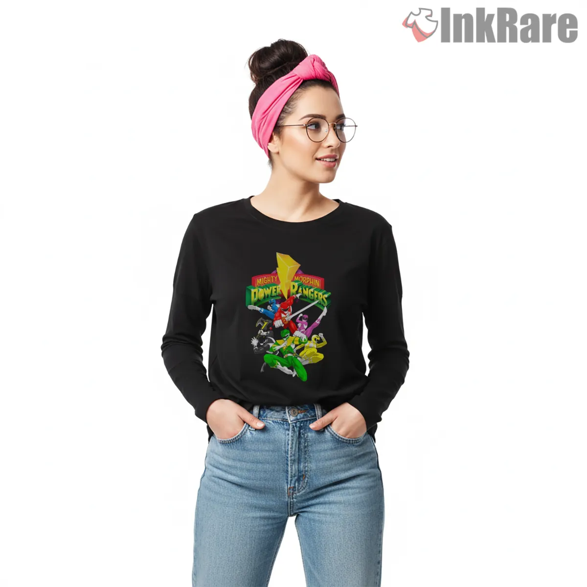 Mighty Morphin Rangers Dynamic Action Team Shirt on black long sleeve shirt for women graphic tee
