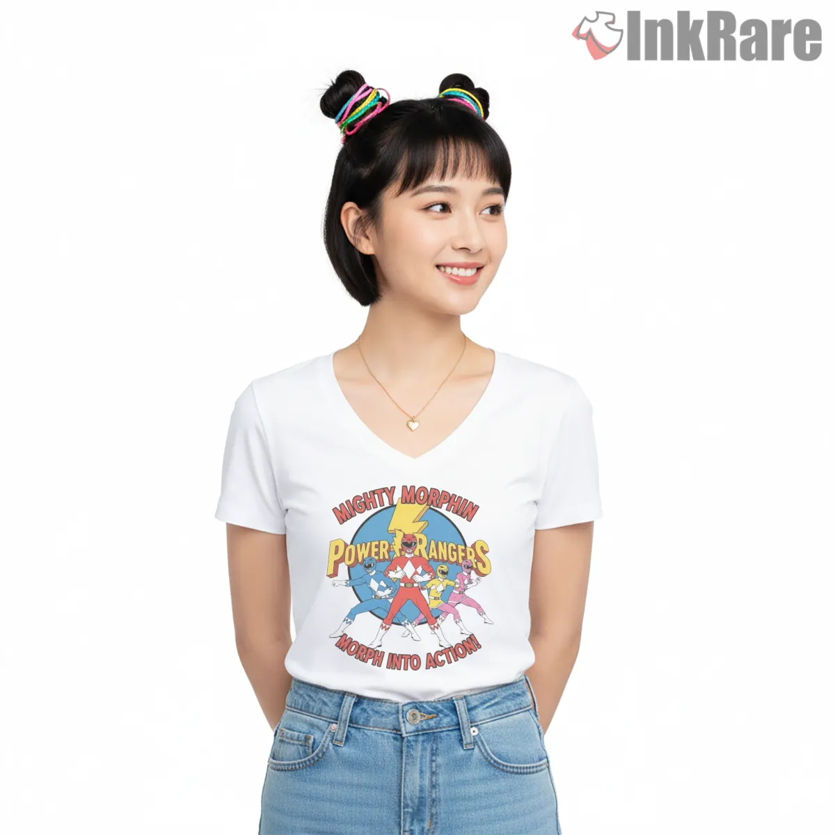 Mighty Morphin Rangers Morph Into Action Poster Shirt on white v-neck shirt for women graphic tee