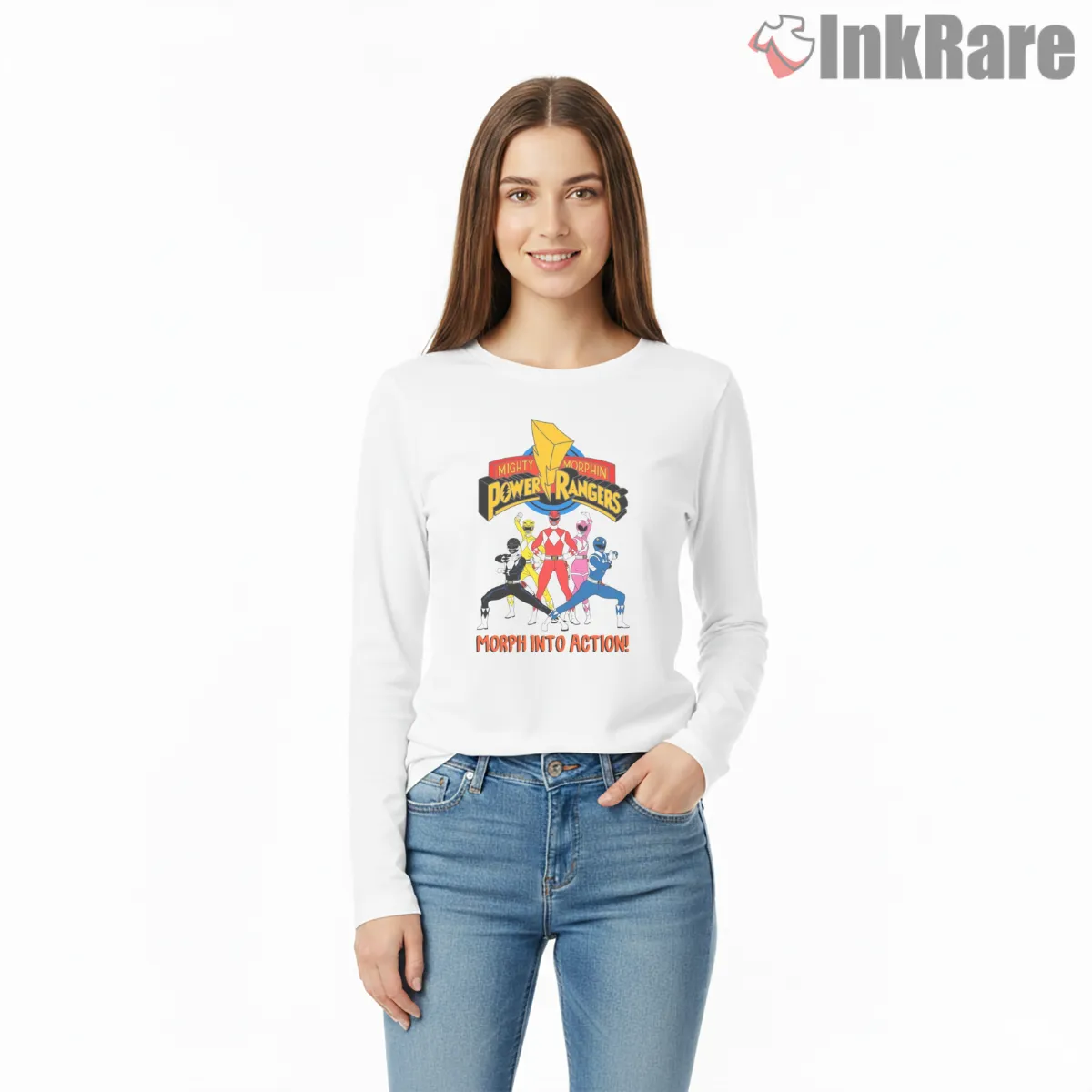 Mighty Morphin Rangers Morph Into Action Long Sleeve White Mighty Morphin Rangers Morph Into Action Shirt on white long sleeve shirt for women graphic tee