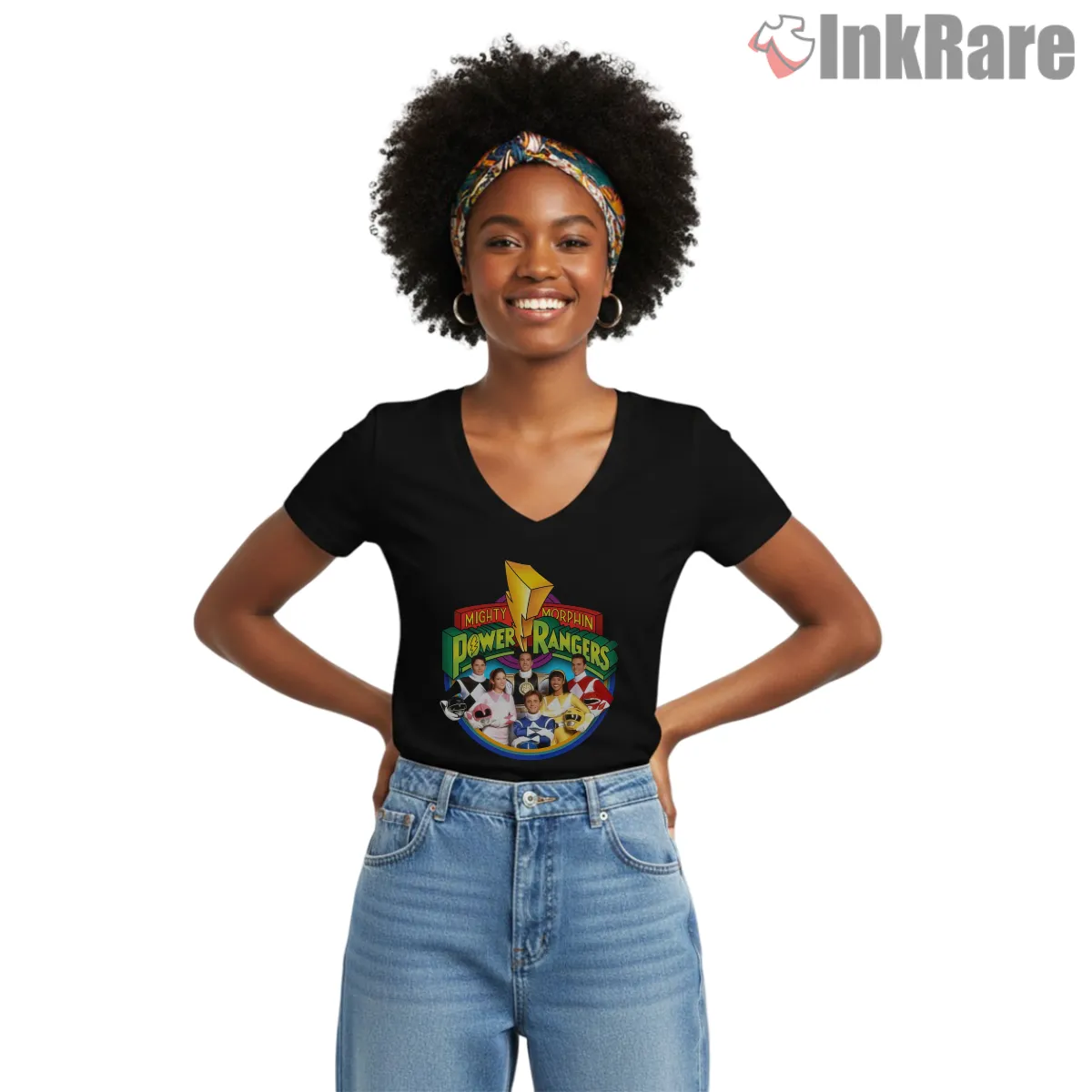 Mighty Morphin Rangers Retro Team Memories V Neck Black Mighty Morphin Rangers Retro Team Memories Shirt on black v-neck shirt for women graphic tee