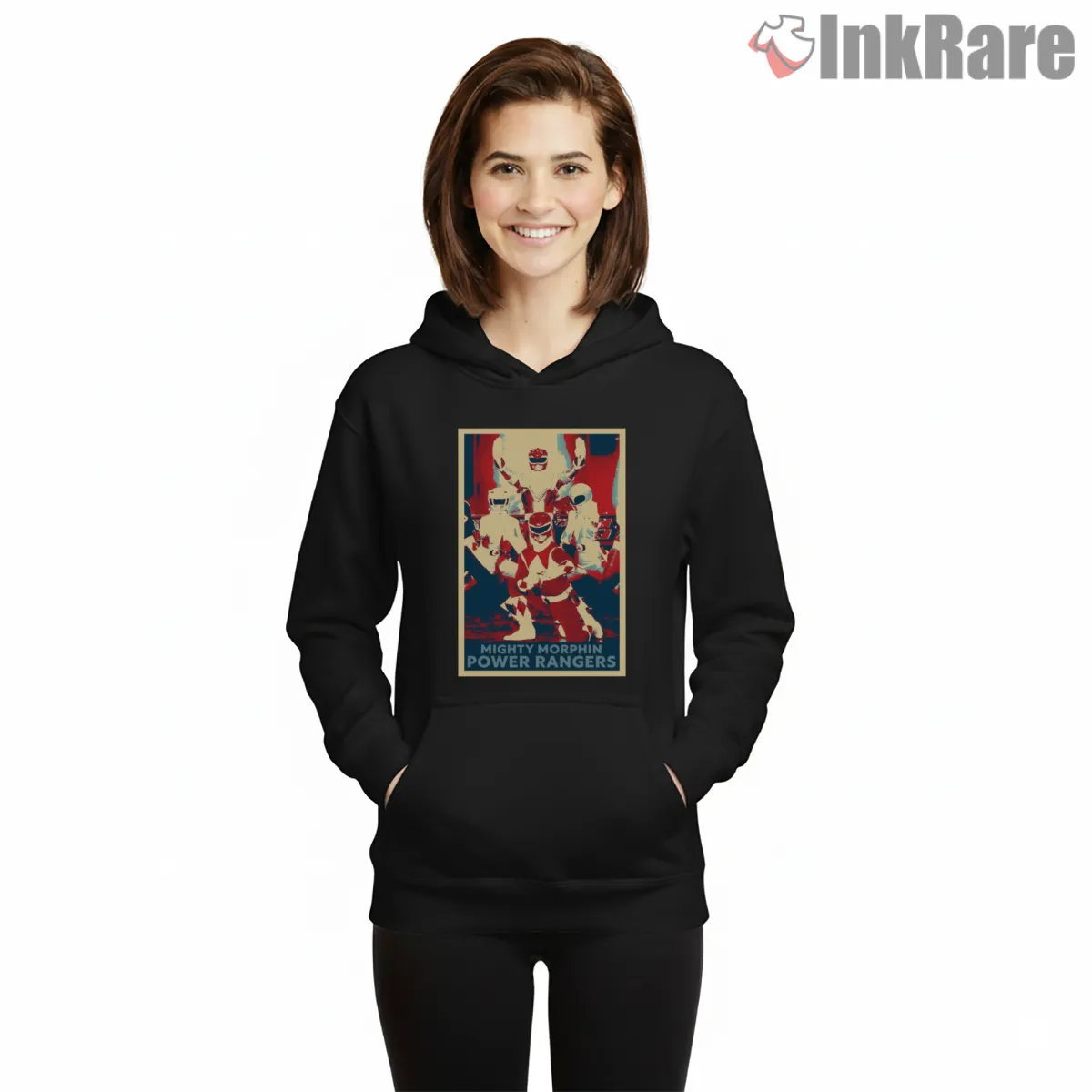 Mighty Morphin Rangers Vintage Poster Hero Shirt on black hoodie for women graphic tee