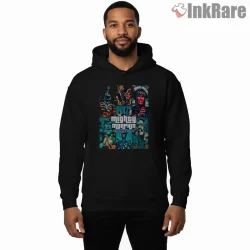 Mighty Morphin Villains Retro Collage Shirt on black hoodie for men graphic tee