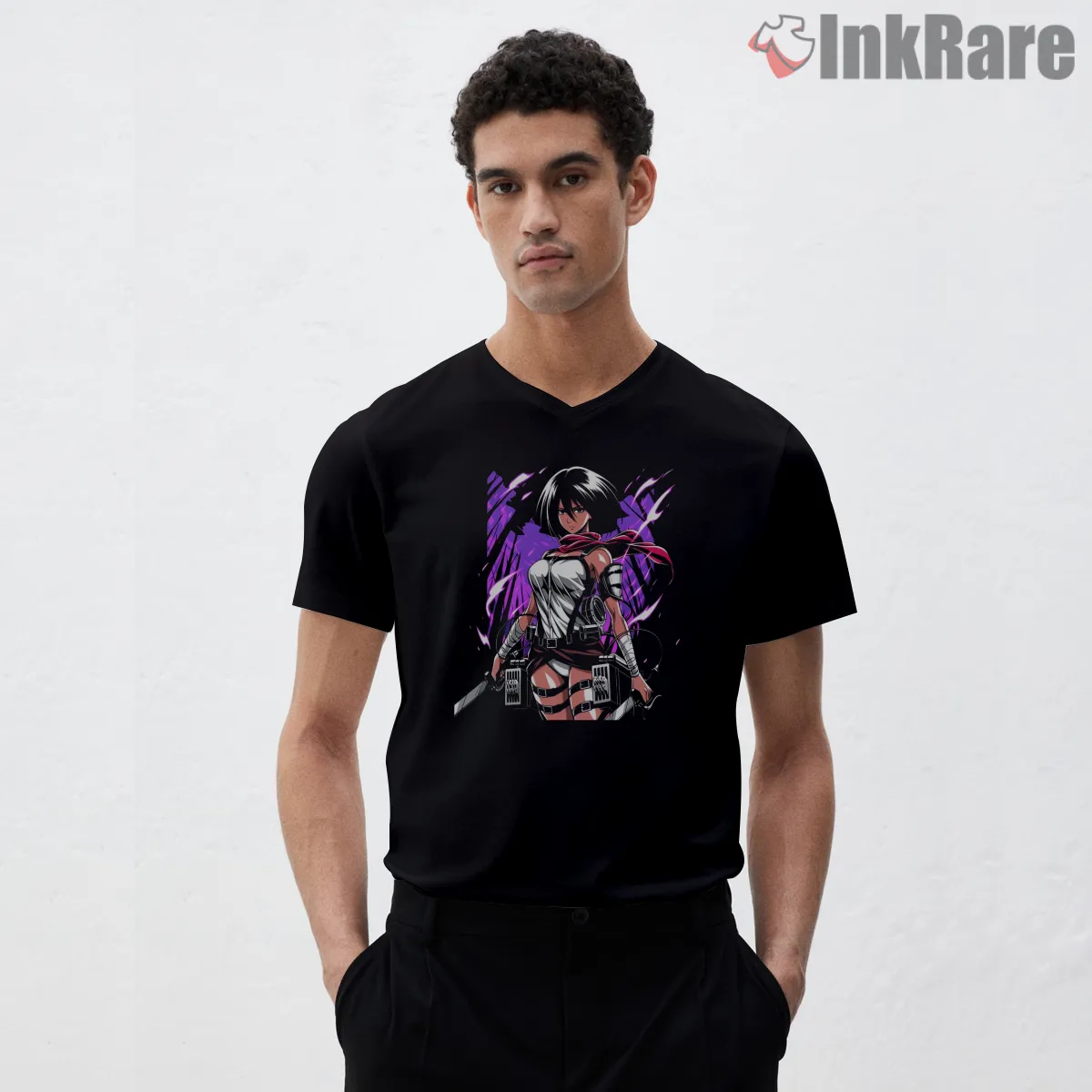 Mikasa Ackerman Battle Ready Scout V Neck Black Mikasa Ackerman Battle Ready Scout Shirt on black v-neck shirt for men graphic tee