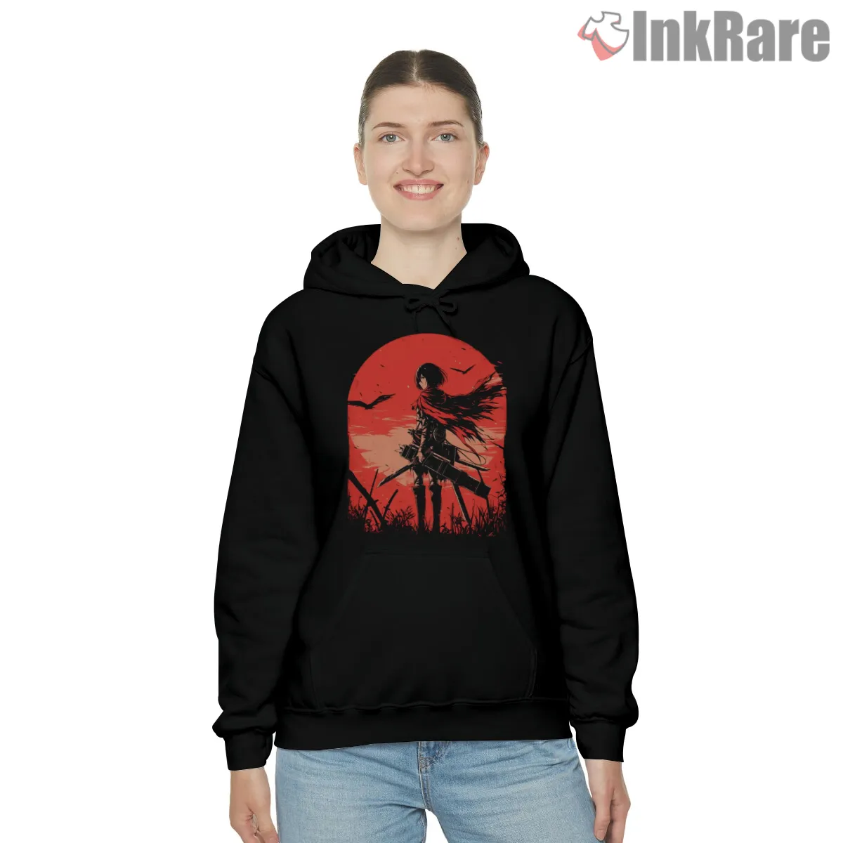 Mikasa Ackerman Blood Red Moon Shirt on black hoodie for women graphic tee