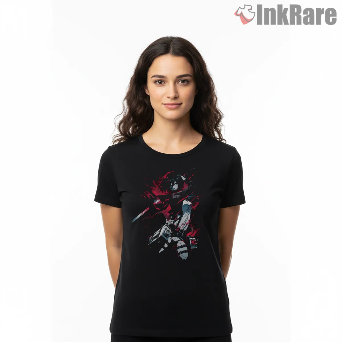 Mikasa Ackerman Blood Red Strike Short Sleeve Black Mikasa Ackerman Blood Red Strike Shirt on black short sleeve shirt for women graphic tee