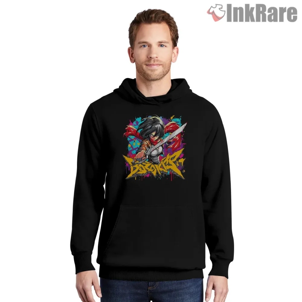 Mikasa Ackerman Chibi Graffiti Pop Art Shirt on black hoodie for men graphic tee