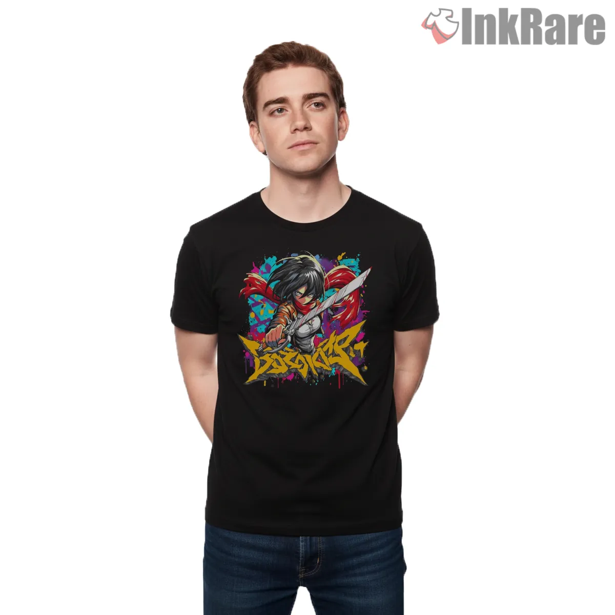 Mikasa Ackerman Chibi Graffiti Pop Art Shirt on black short sleeve shirt for men graphic tee