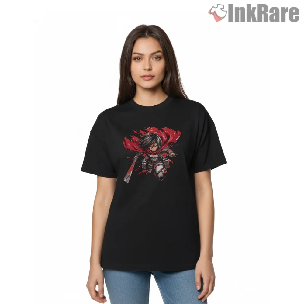 Mikasa Ackerman Crimson Aerial Charge Shirt on black short sleeve shirt for women graphic tee