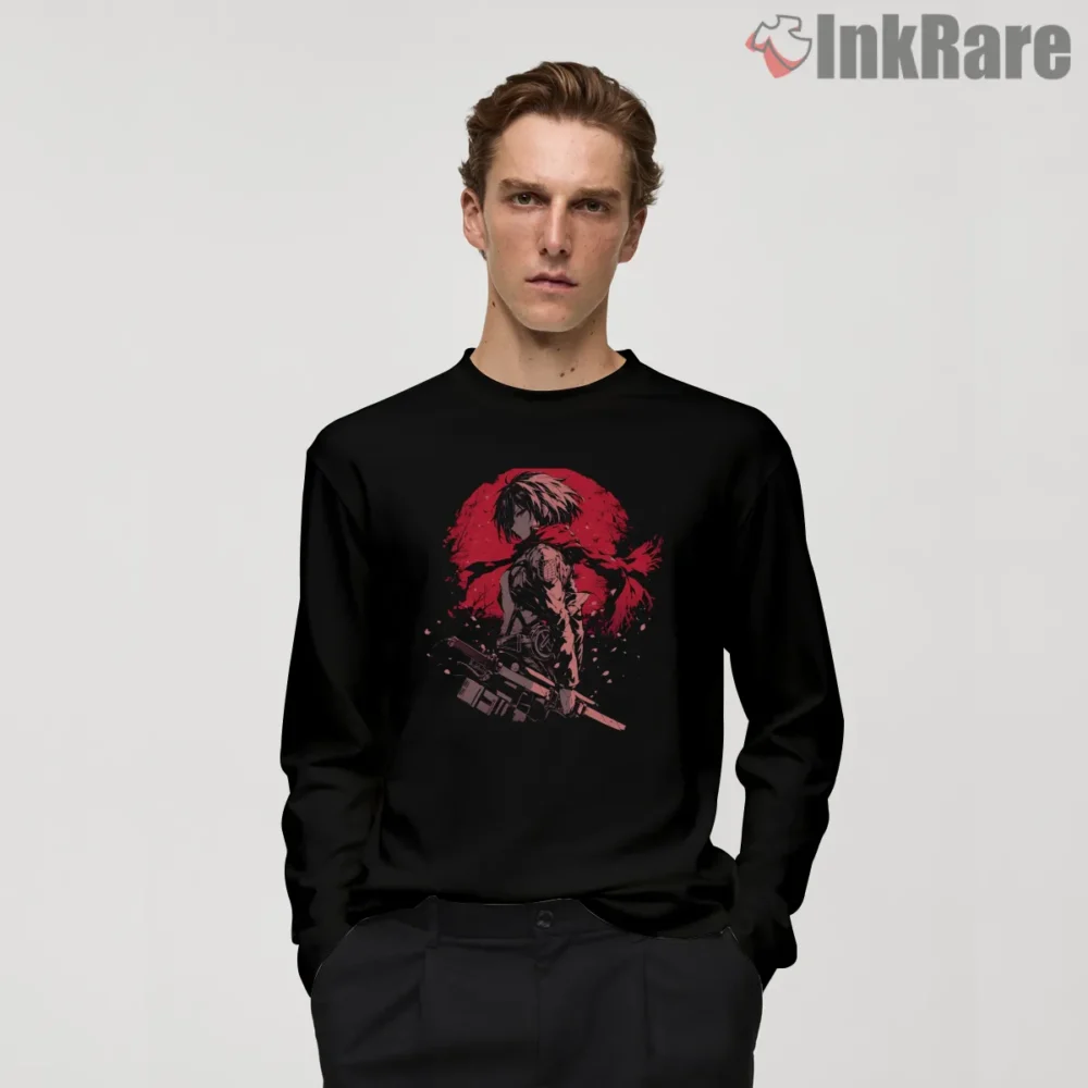 Mikasa Ackerman Crimson Battlefield Scout Shirt on black long sleeve shirt for men graphic tee