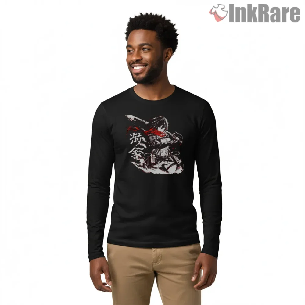 Mikasa Ackerman Crimson Brush Warrior Shirt on black long sleeve shirt for men graphic tee