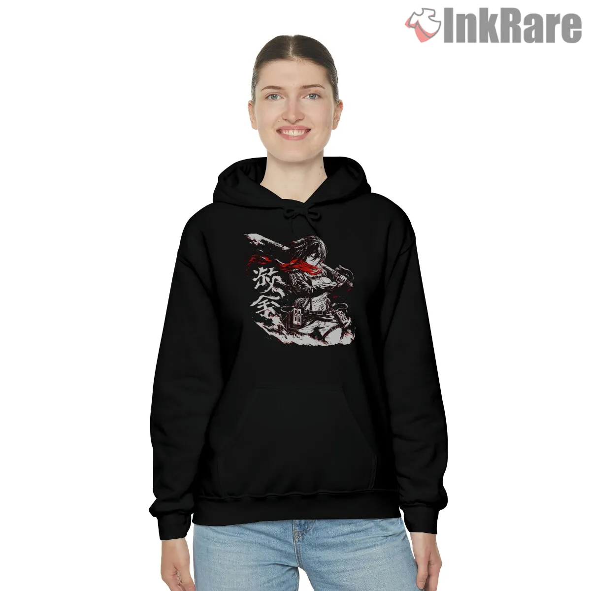 Mikasa Ackerman Crimson Brush Warrior Hoodie Black Mikasa Ackerman Crimson Brush Warrior Shirt on black hoodie for women graphic tee