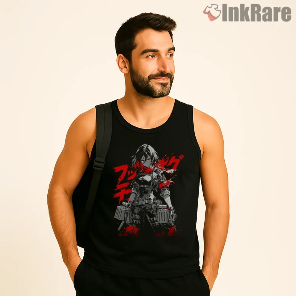 Mikasa Ackerman Crimson Kanji Warrior Shirt on black tank top for men graphic tee