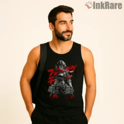 Mikasa Ackerman Crimson Kanji Warrior Shirt on black tank top for men graphic tee