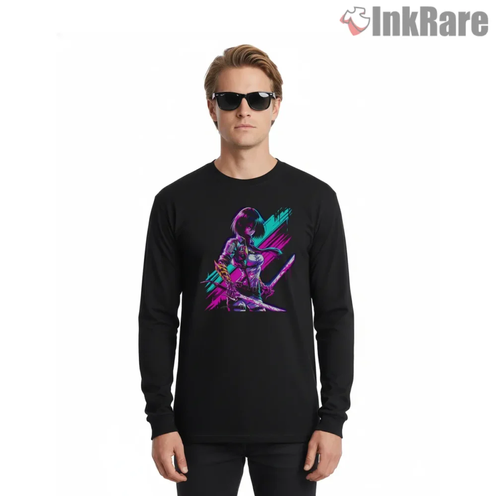 Mikasa Ackerman Cyber Blade Glow Shirt on black long sleeve shirt for men graphic tee