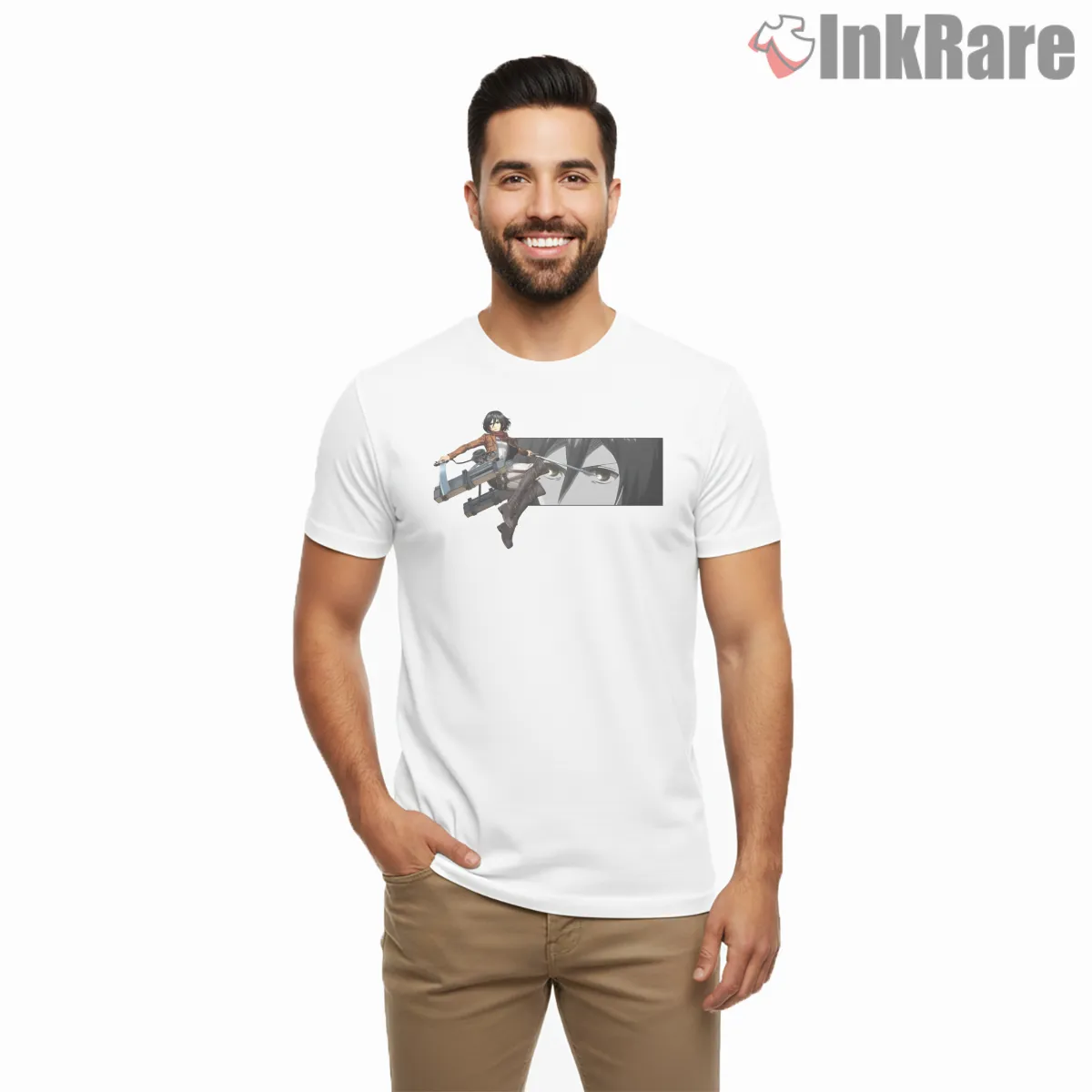 Mikasa Ackerman Dual Panel Action Focus Shirt on white short sleeve shirt for men graphic tee