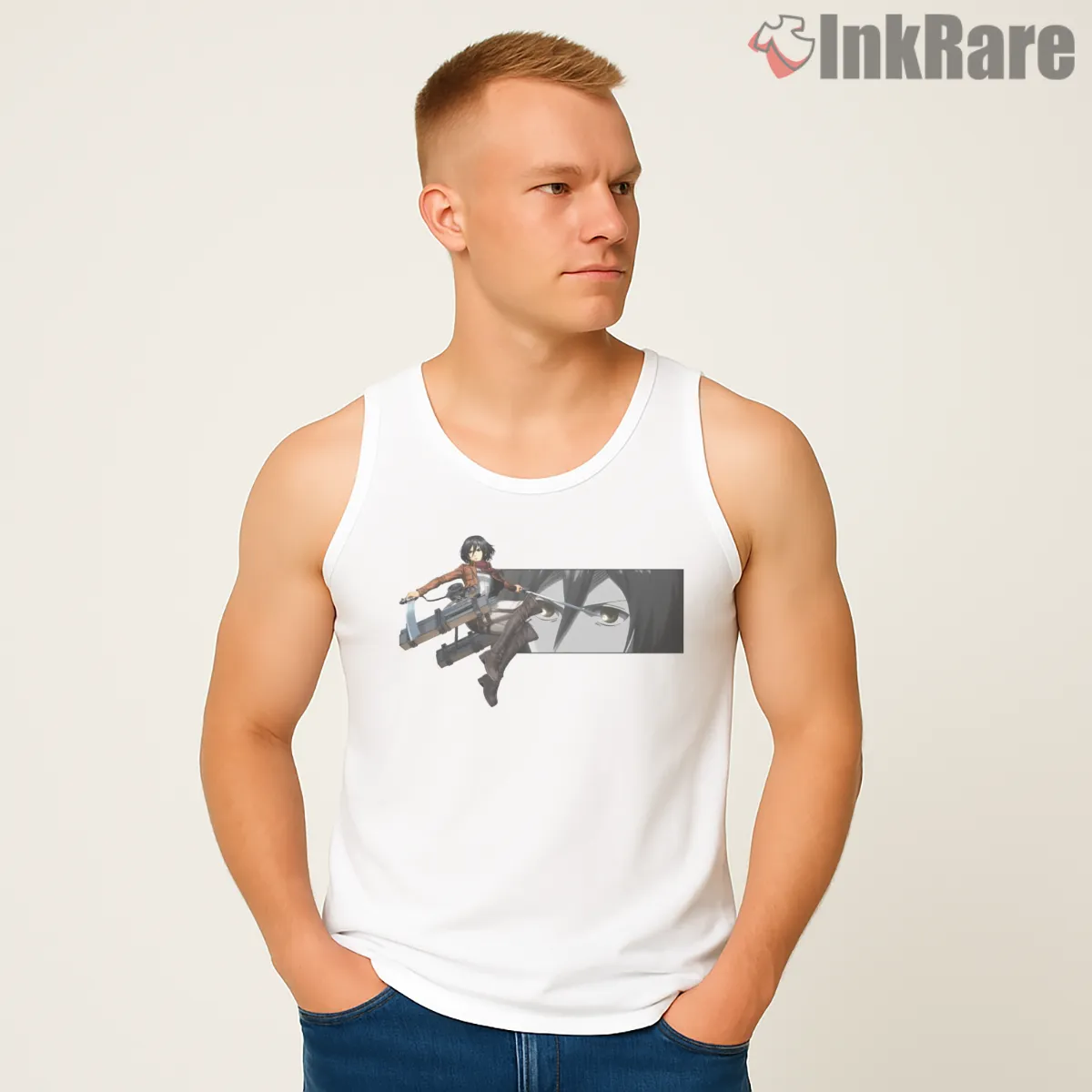 Mikasa Ackerman Dual Panel Action Focus Tank Top White Mikasa Ackerman Dual Panel Action Focus Shirt on white tank top for men graphic tee