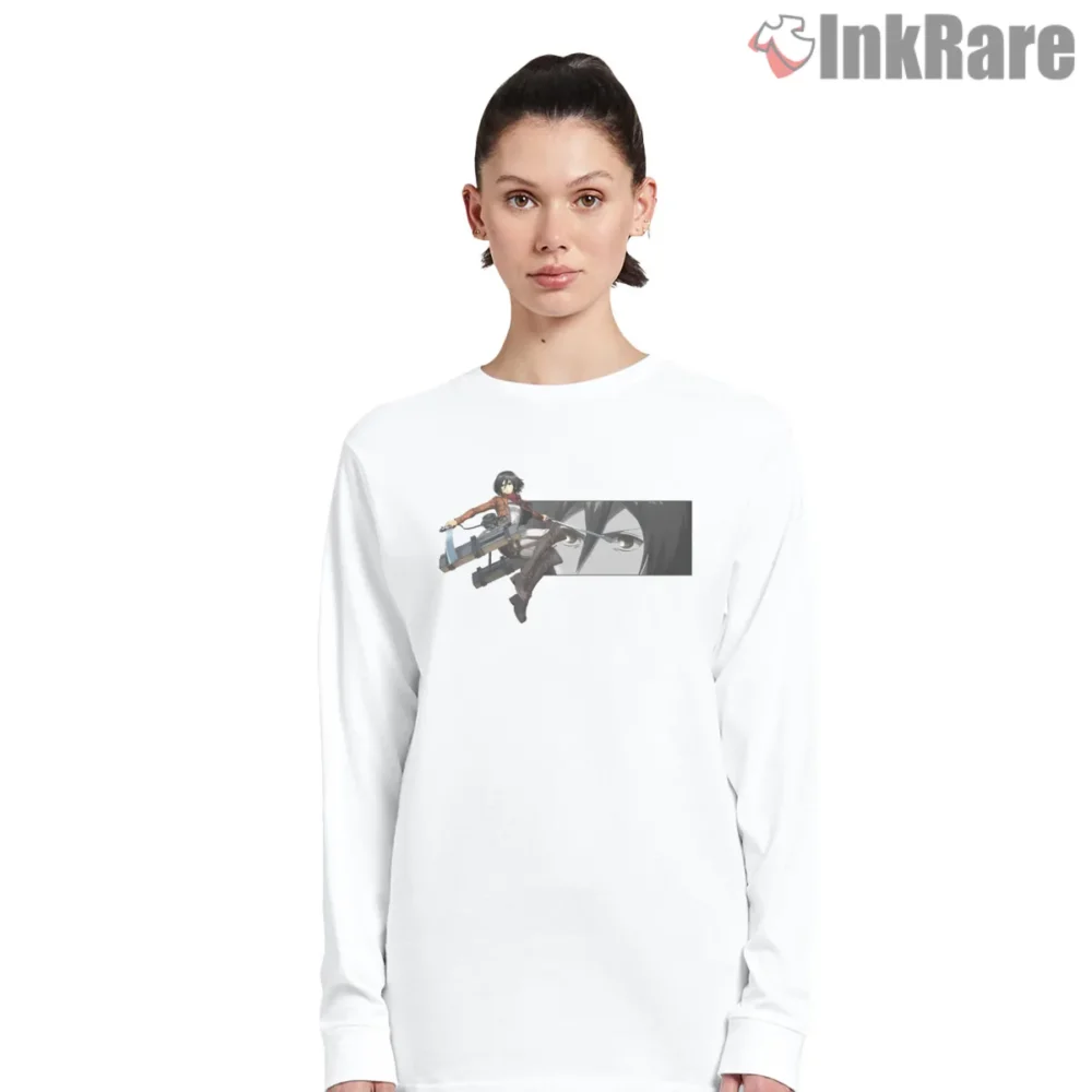 Mikasa Ackerman Dual Panel Action Focus Shirt on white long sleeve shirt for women graphic tee
