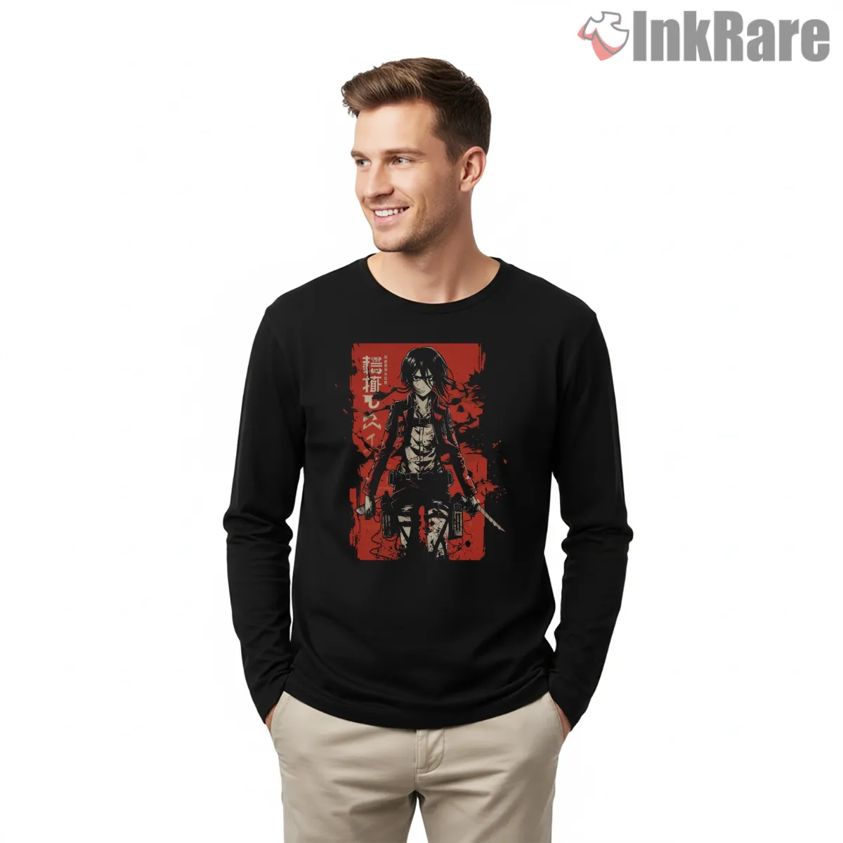 Mikasa Ackerman Fearless Blood Red Warrior Shirt on black long sleeve shirt for men graphic tee