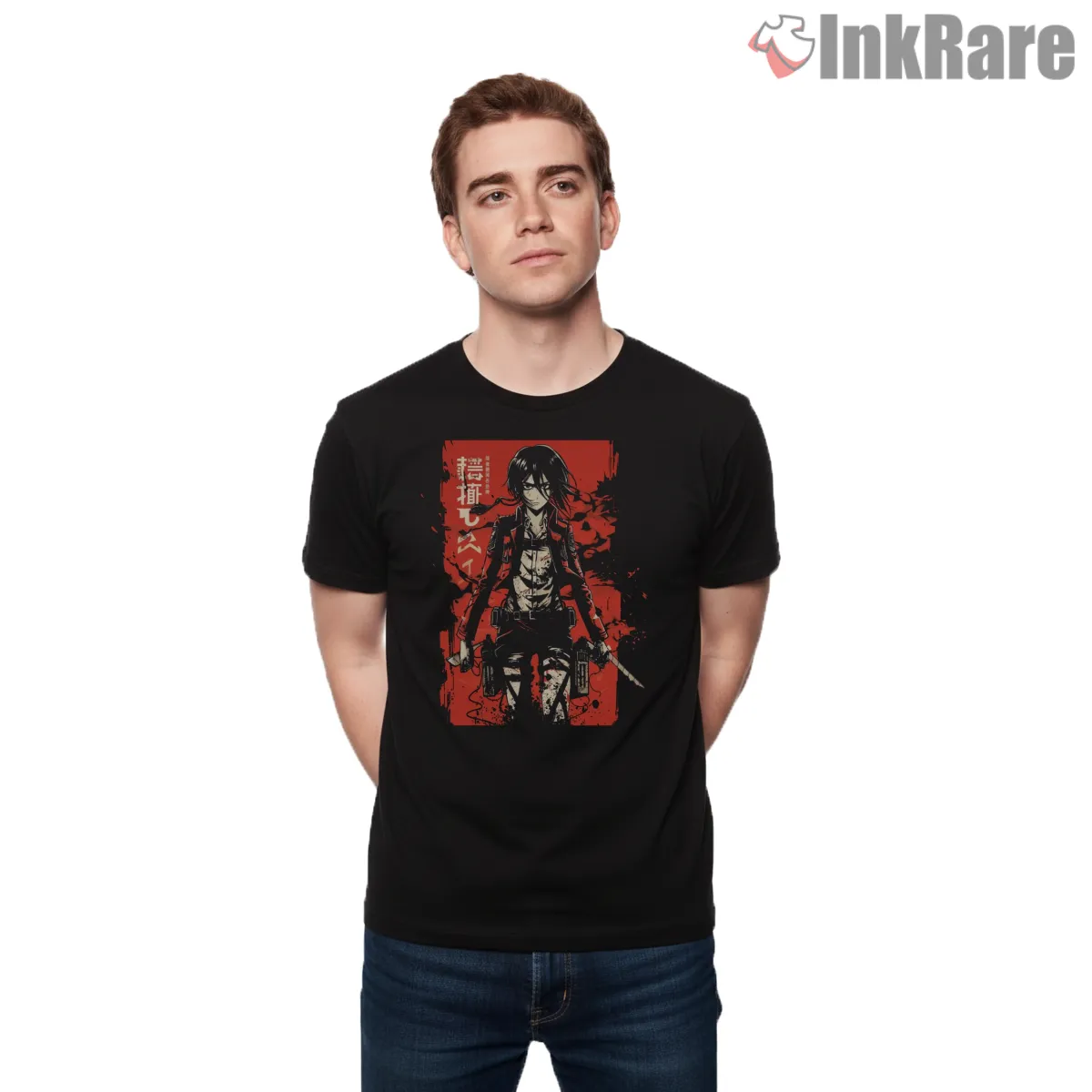 Mikasa Ackerman Fearless Blood Red Warrior Short Sleeve Black Mikasa Ackerman Fearless Blood Red Warrior Shirt on black short sleeve shirt for men graphic tee