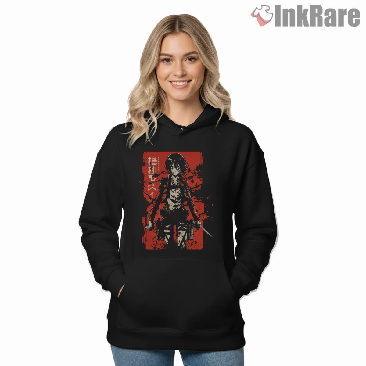 Mikasa Ackerman Fearless Blood Red Warrior Hoodie Black Mikasa Ackerman Fearless Blood Red Warrior Shirt on black hoodie for women graphic tee