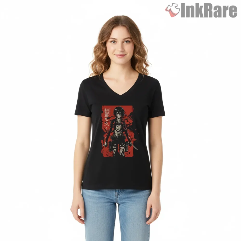 Mikasa Ackerman Fearless Blood Red Warrior Shirt on black v-neck shirt for women graphic tee