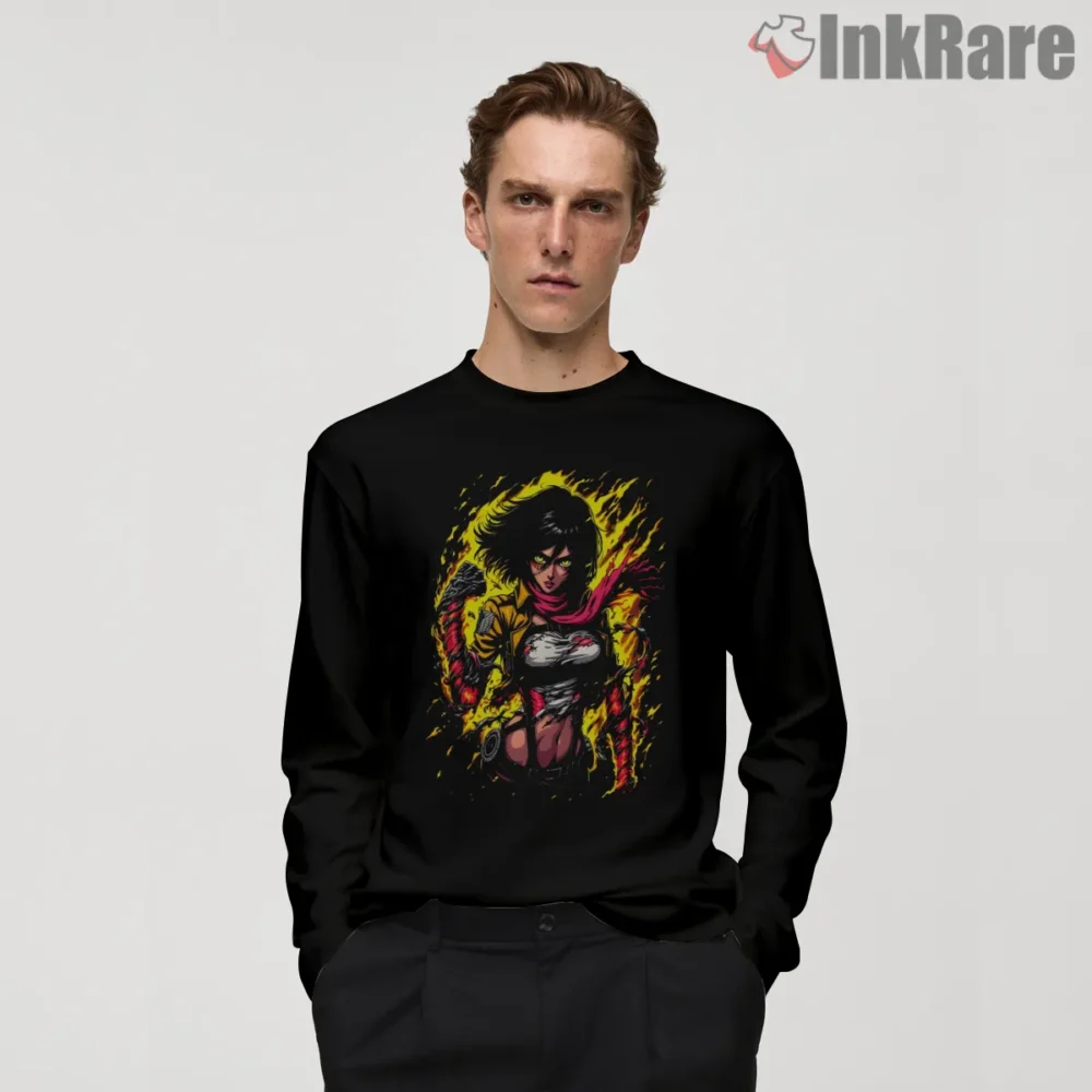 Mikasa Ackerman Flaming Warrior Aura Shirt on black long sleeve shirt for men graphic tee