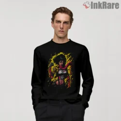 Mikasa Ackerman Flaming Warrior Aura Shirt on black long sleeve shirt for men graphic tee