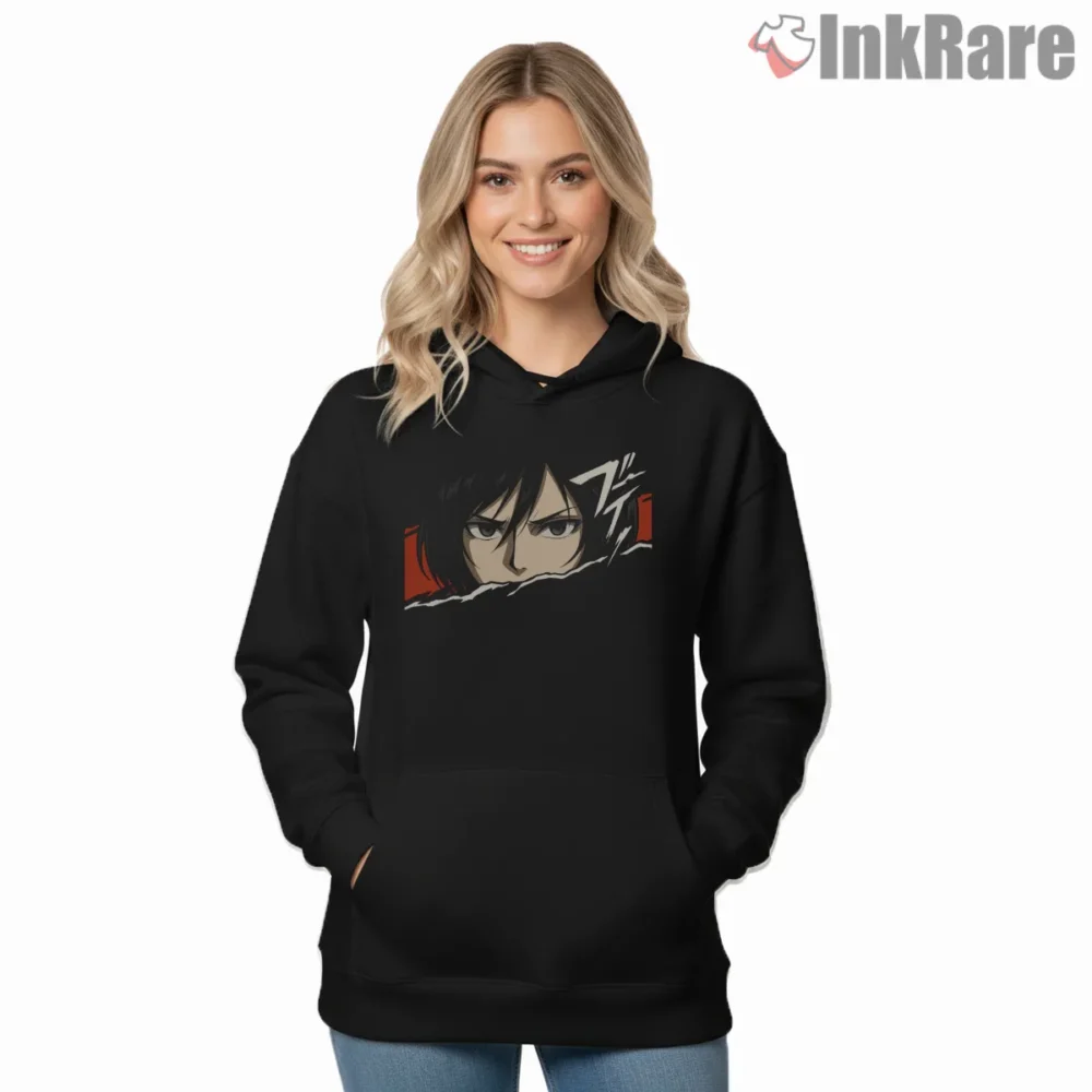 Mikasa Ackerman Intense Gaze Panel Shirt on black hoodie for women graphic tee